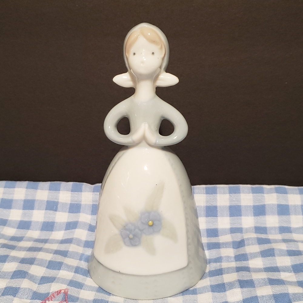 Vintage Lady Porcelain Decorative Bell Blue White 5.25" Tall